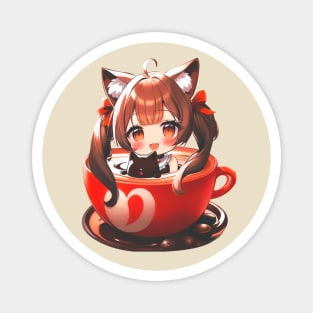 Cozy Chibi Cat Girl inside a Coffee Cup Magnet